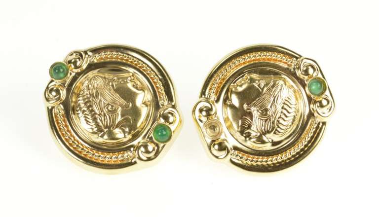 14K Yellow Gold Ornate Cameo Green Chalcedony French Clip Earrings