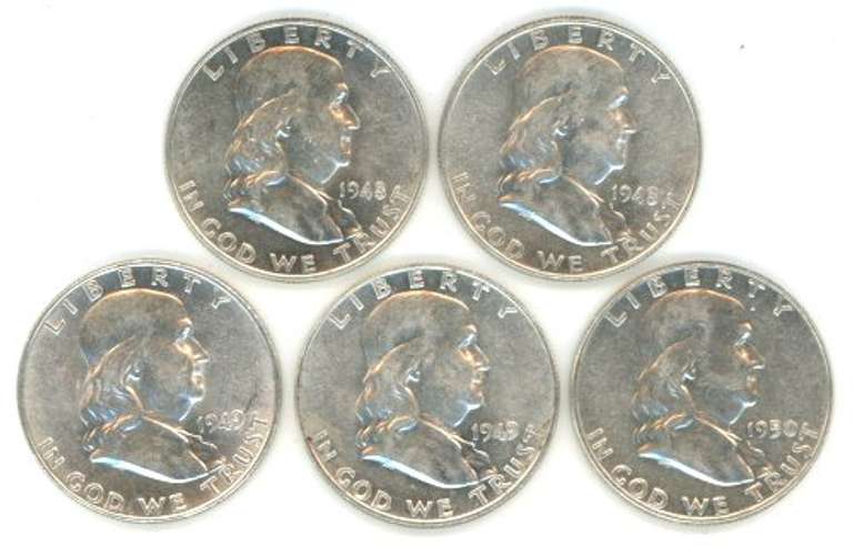 5 Assorted slider/BU Franklins: 2 1948, 2 1949, & 1950