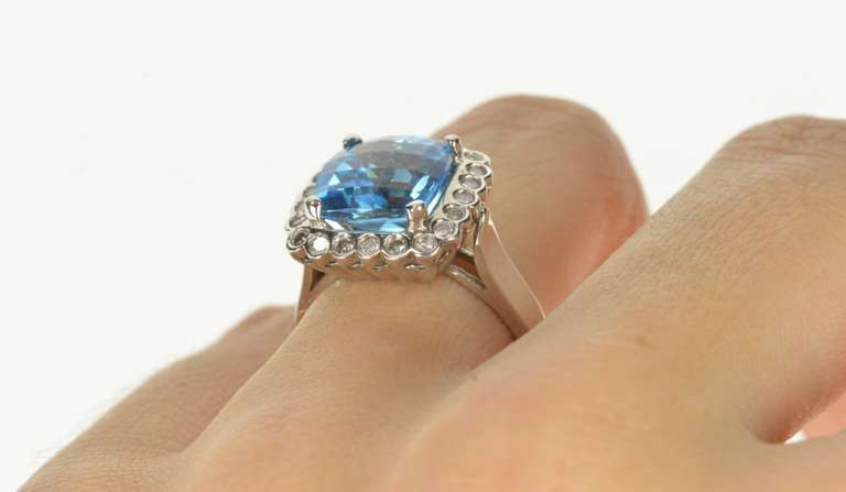 14K White Gold Cushion Blue Topaz Scalloped Diamond Halo Ring