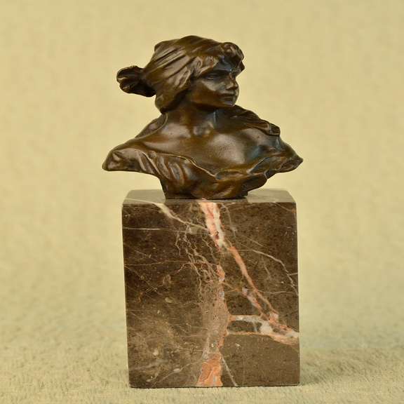 Female Bust Bronze Sculpture on Marble Base Figurine