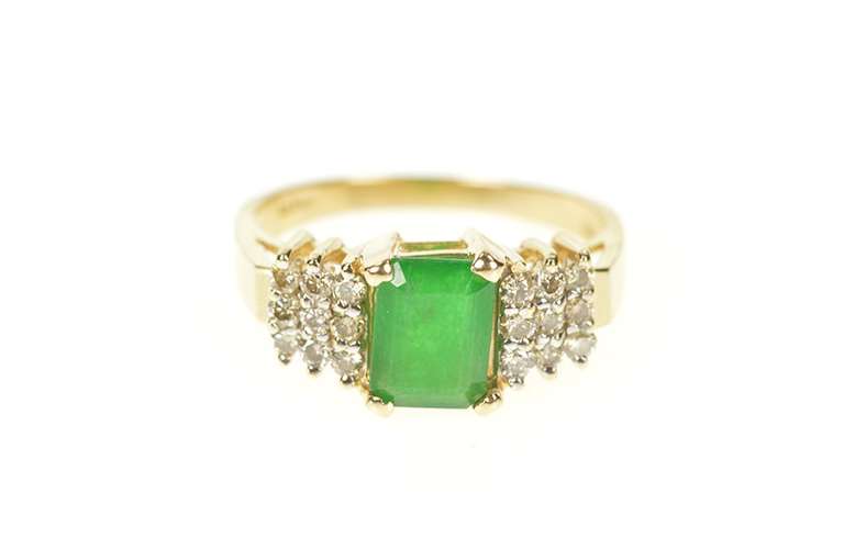 14K Yellow Gold 1.20 Ctw 1950's Emerald Diamond Engagement Ring