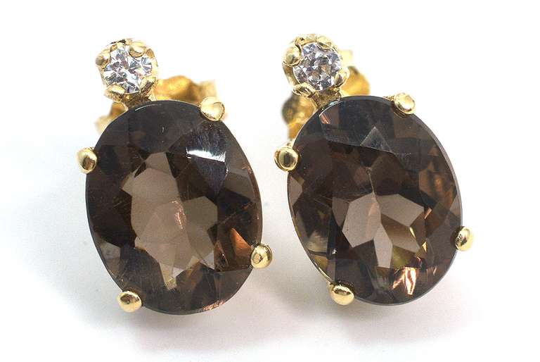 Bold Smokey Quartz & CZ Earrings in 14KT Yellow Gold