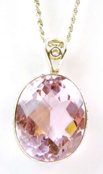 Huge Lavender/Pink Quartz Sterling Pendant & Chain