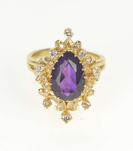 14K Yellow Gold Pear Amethyst Diamond Cocktail Statement Ring