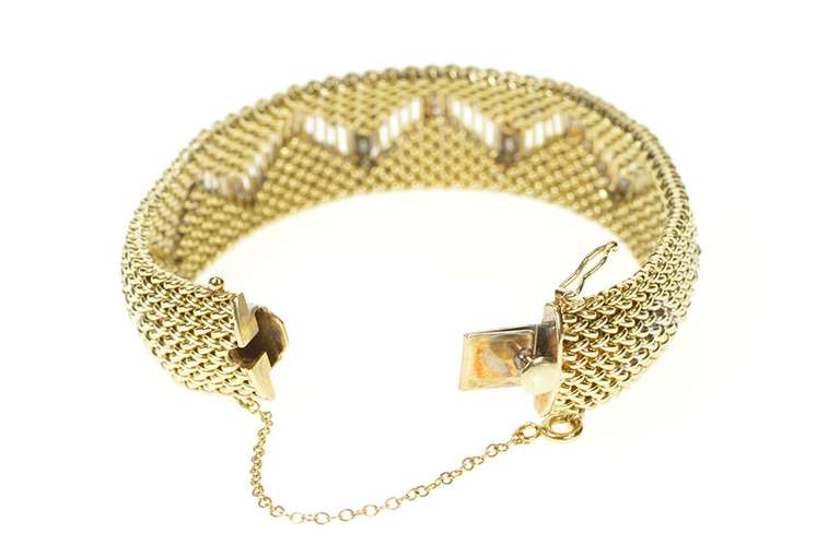 14K Yellow Gold 0.72 Ctw Diamond Zig Zag Mesh Rounded Chain Bracelet