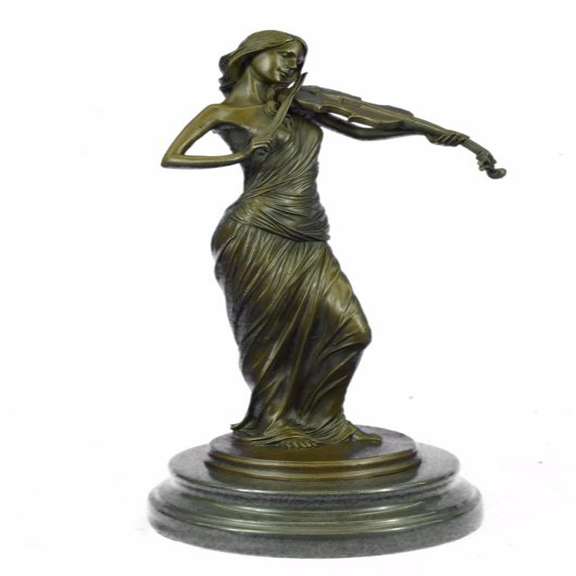 Brown Color Patina Bronze Sculpture Violin Player Viola Musician Marble Figurine