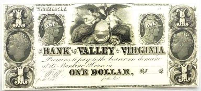 Crisp Exceptional 1800'S $1 Note Bank Of The Valley Winchester Virginia!
