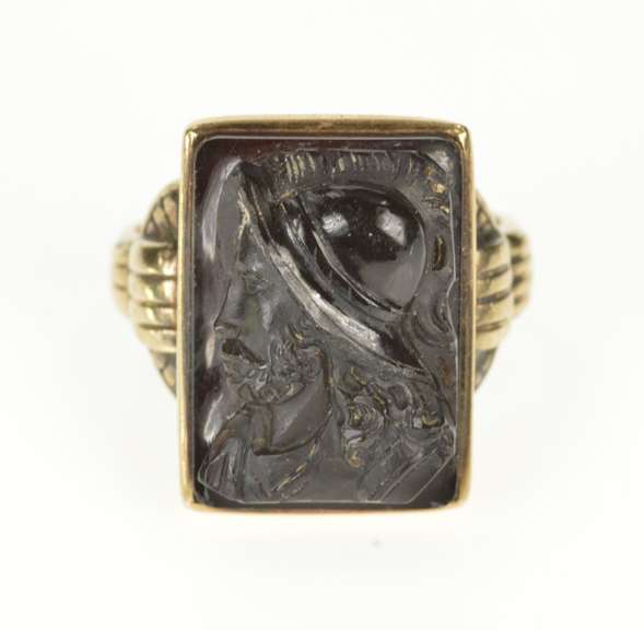10K Yellow Gold Carved Soldier Black Onyx Cameo Statement Ring