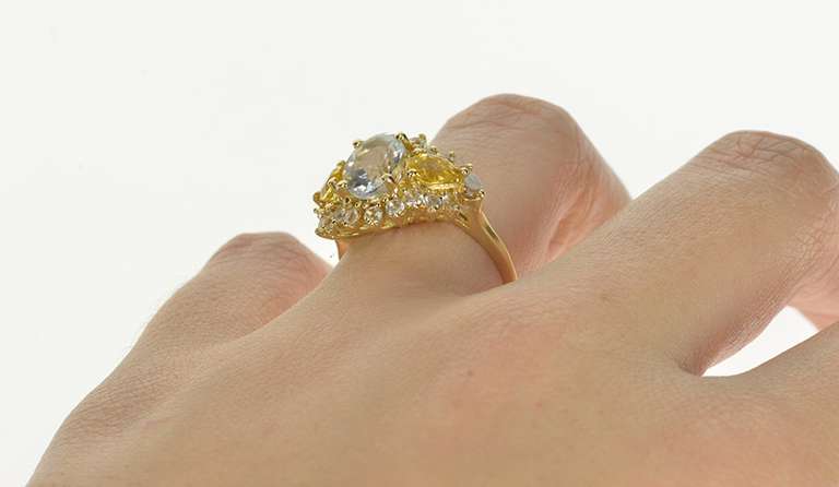 14K Yellow Gold Ornate Tri Colored Cubic Zirconia Oval Cocktail Ring