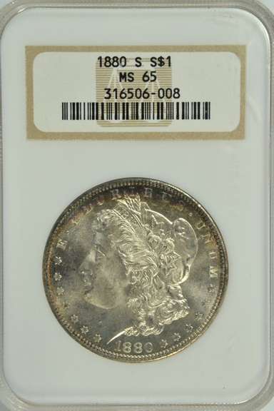Super Gem BU 1880-S Morgan Silver Dollar. Old NGC MS65