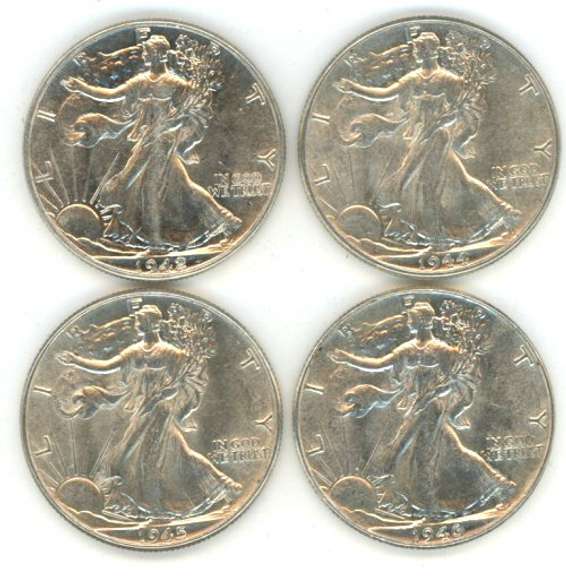 4 Diff slider/BU 'P' Mint Walking Liberty Half Dollars