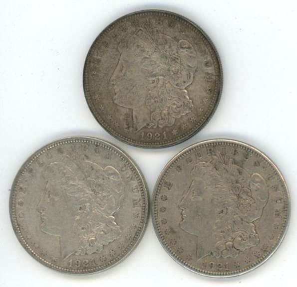 1921 P-D-S Morgan Silver Dollars. Nice circs