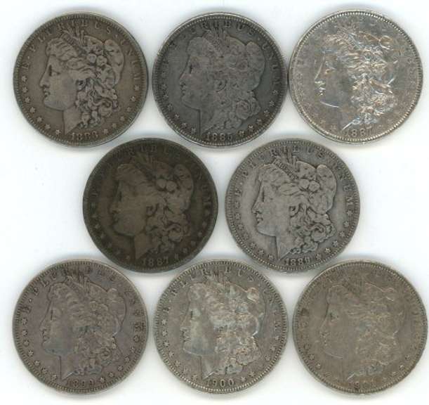 Run of 8 diff. Morgan Silver Dollars 1883 to 1901-O