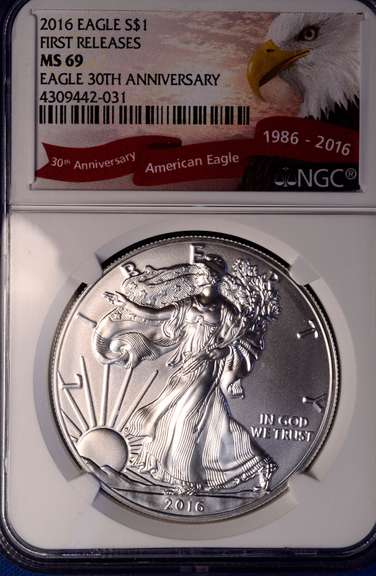 First Release 2016 MS69 Anniv Silver Eagle, NGC