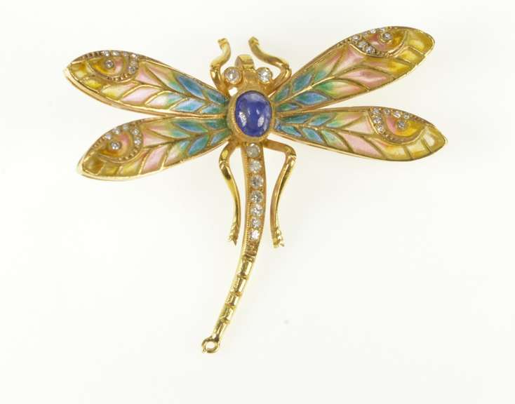 14K Yellow Gold Art Nouveau Diamond Sapphire Dragonfly Pin/Brooch