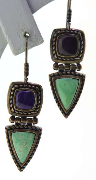 Vintage 925 sterling silver signed jade and amethyst earrings with fish hook