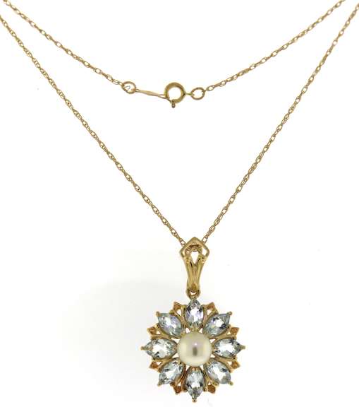 Favorite Pearl & Aquamarine Flower Pendant on Chain