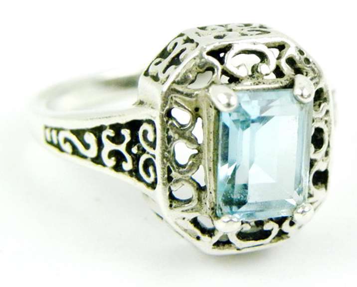 Sterling Filigree Blue Topaz Ring, Size 7.5