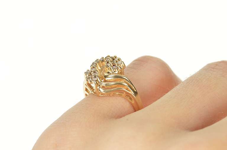 14K Yellow Gold Curved Diamond Cluster Freeform Statement Ring