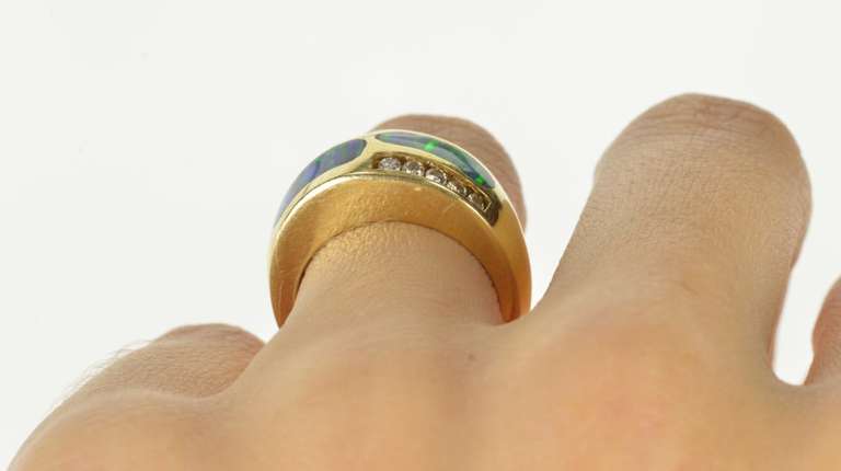 14K Yellow Gold Black Opal Inlay Diamond Inset Band Ring