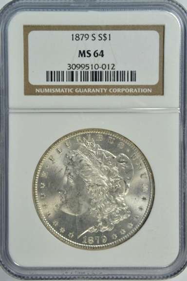 Near Gem BU 1879-S Morgan Silver Dollar. NGC MS64