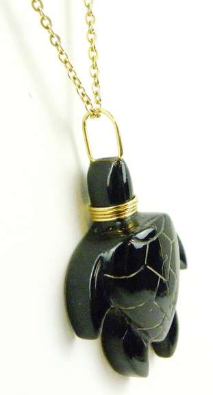 Signed Carved Turtle Pendant & Chain