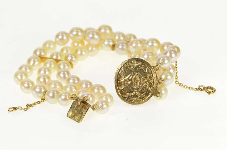 14K Yellow Gold Victorian Jade Diamond Halo Pearl Layered Bracelet