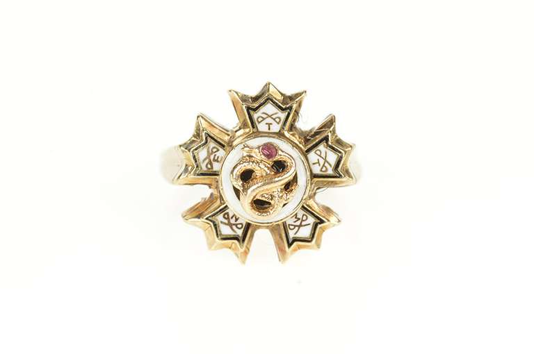 14K Yellow Gold Ornate Sigma Nu Fraternity Snake Star Enamel Ring