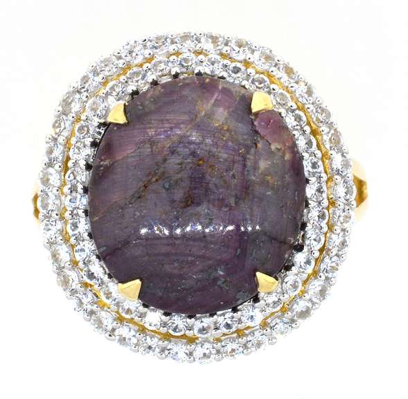 Extremely Rare Unheated Huge 16.61CTS Star Ruby & White Sapphire Ring in Vermeil