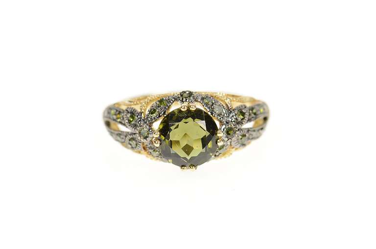 10K Yellow Gold Green Tourmaline Pave Green Diamond Ornate Ring