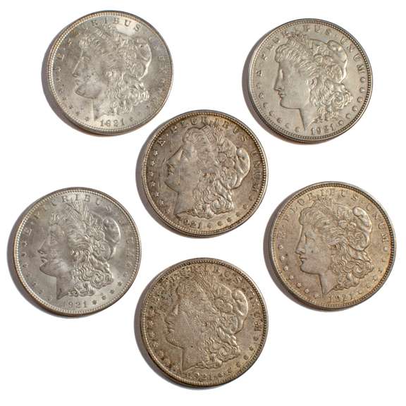 6 Near Unc & Unc 1921 Morgan Silver Dollars