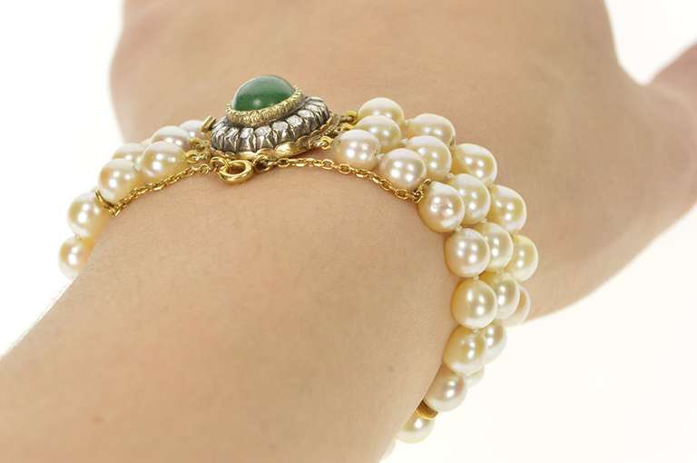 14K Yellow Gold Victorian Jade Diamond Halo Pearl Layered Bracelet