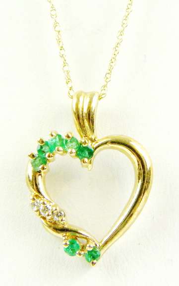 10K Emeralds & Diamonds Heart Pendant & Chain