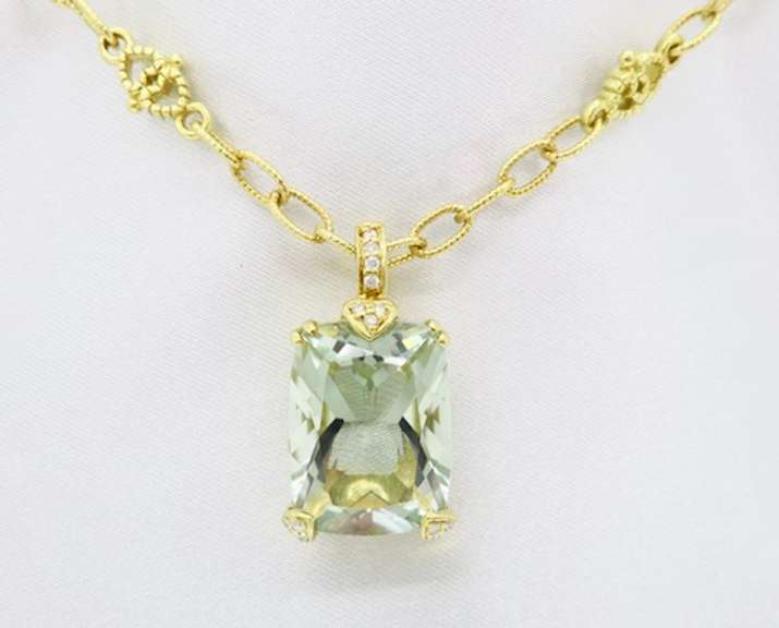 Rare Green Amethyst & Diamond Pendant Necklace in 18k