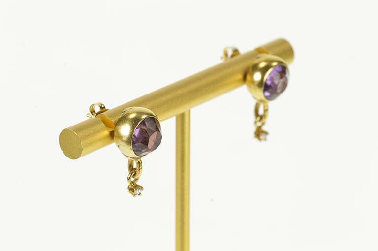 18K Yellow Gold Victorian Round Amethyst Diamond Dangle Stud Earrings