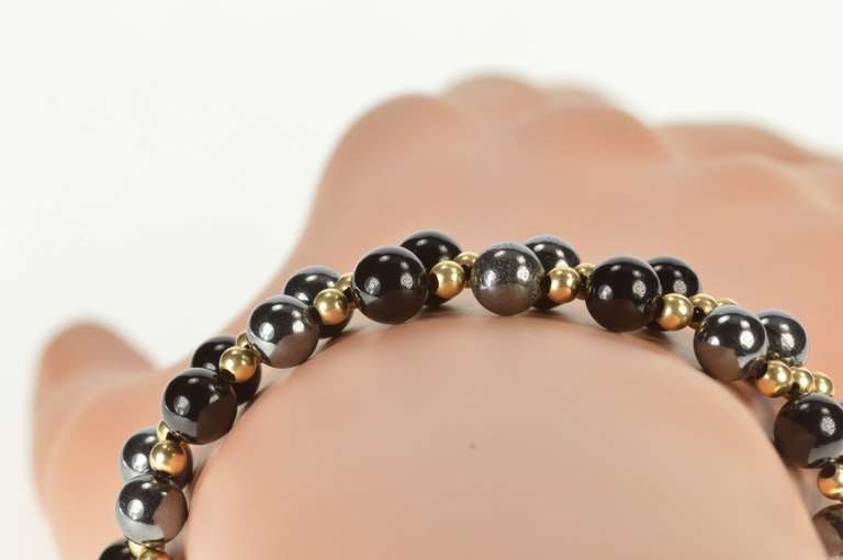 14K Yellow Gold Round Black Onyx Hematite Beaded Statement Bracelet