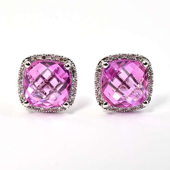 Vibrant Pink Sapphire & Diamond Earrings in 14K WG