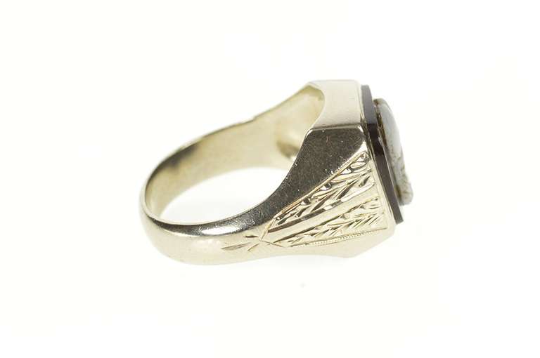 10K White Gold Art Deco Black Onyx Cameo Men's Etched Ring