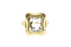 8K Yellow Gold 1930's Ornate Blue Topaz Solitaire Statement Ring