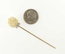14K Yellow Gold Art Deco Carved Flower Diamond Accent Stick Pin