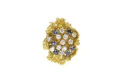 14K Yellow Gold 1.02 Ctw Diamond Sapphire Cluster Cocktail Ring