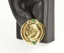 14K Yellow Gold Ornate Cameo Green Chalcedony French Clip Earrings