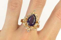 14K Yellow Gold Pear Amethyst Diamond Cocktail Statement Ring