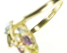 14K Yellow Gold Blue Topaz Amethyst Diamond Leaf Cluster Ring