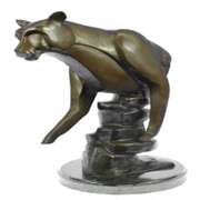 Cougar Female Lion Bronze Sculpture on Marble Base Statue