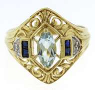 Nice Marquise Aquamarine & Diamond Accent Filagree Ring