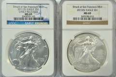 2011 (S) & 2013 (S) $1 Silver Eagle coins. NGC MS69