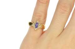 14K Yellow Gold Marquise Tanzanite Diamond Halo Bypass Ring