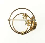 10K Yellow Gold Retro Pearl Flower Blue & Green Enamel Pin/Brooch