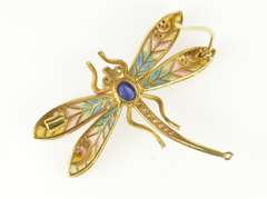 14K Yellow Gold Art Nouveau Diamond Sapphire Dragonfly Pin/Brooch